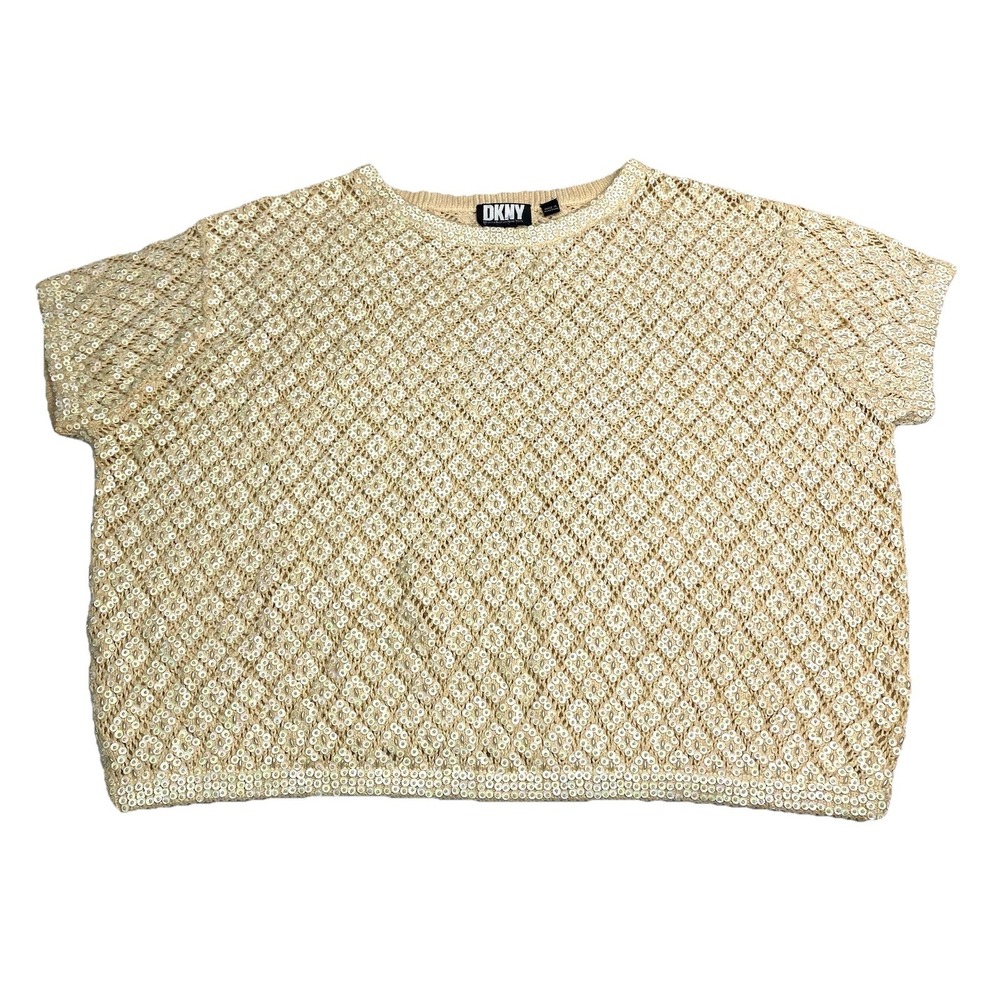VTG DKNY Loose Knit Cream Beaded Short Sleeve Cotton Sweater Size L
